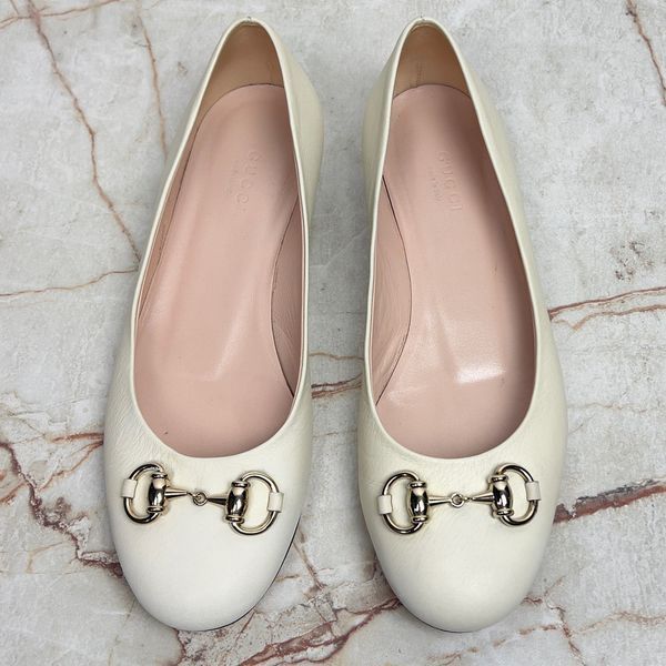 Horsebit Ballet Flats Beige Leather