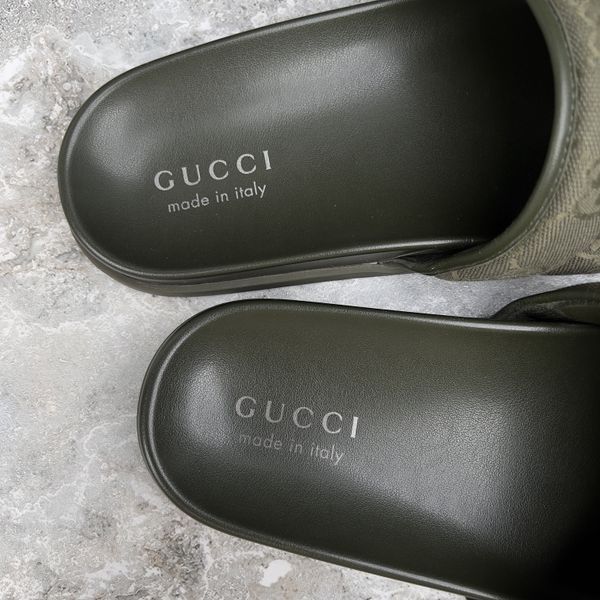 Slides Dark Green GG Monogram Quilted Canvas Leather