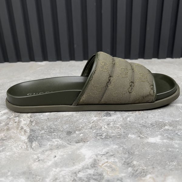 Slides Dark Green GG Monogram Quilted Canvas Leather