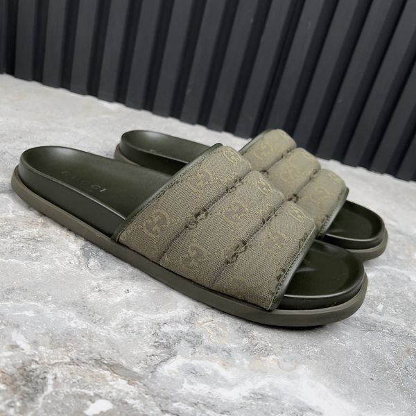 Slides Dark Green GG Monogram Quilted Canvas Leather