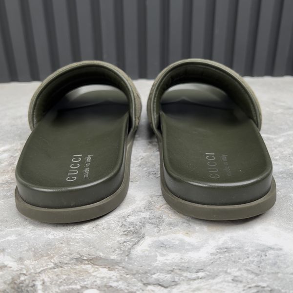 Slides Dark Green GG Monogram Quilted Canvas Leather