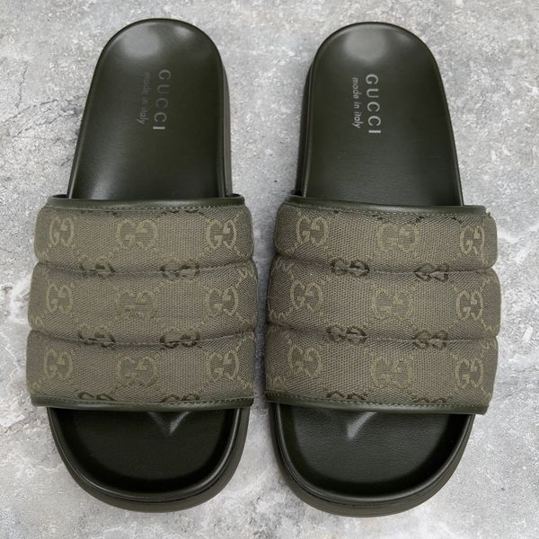 Slides Dark Green GG Monogram Quilted Canvas Leather