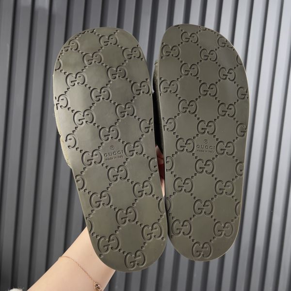 Slides Dark Green GG Monogram Quilted Canvas Leather