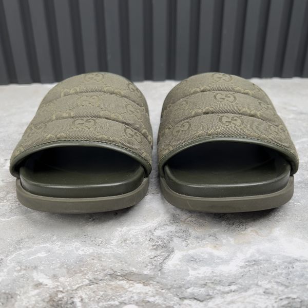 Slides Dark Green GG Monogram Quilted Canvas Leather