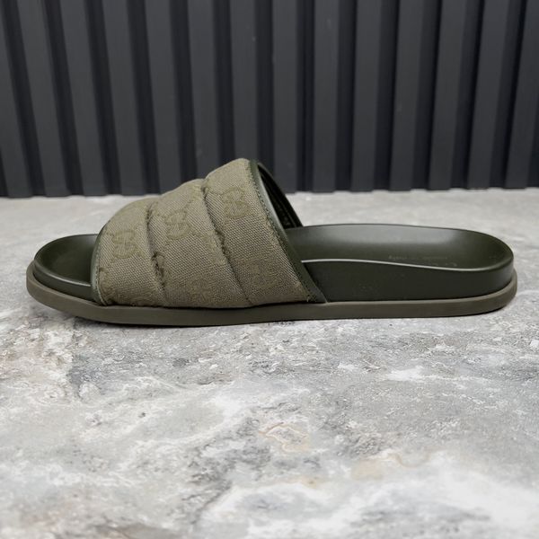 Slides Dark Green GG Monogram Quilted Canvas Leather
